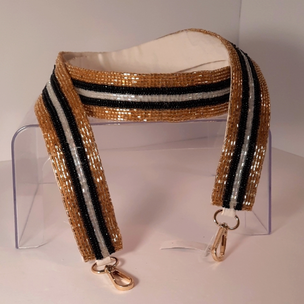 Gold and Black Stripe Fully Beaded Collegiate Purse Strap